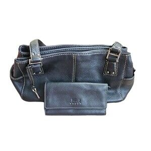 Fossil Black Pebbled Leather Shoulder Bag Satchel And Wallet  EUC